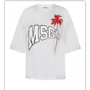 MSGM Logo Palm Tree Crew Neck Short Sleeve White T-Shirt